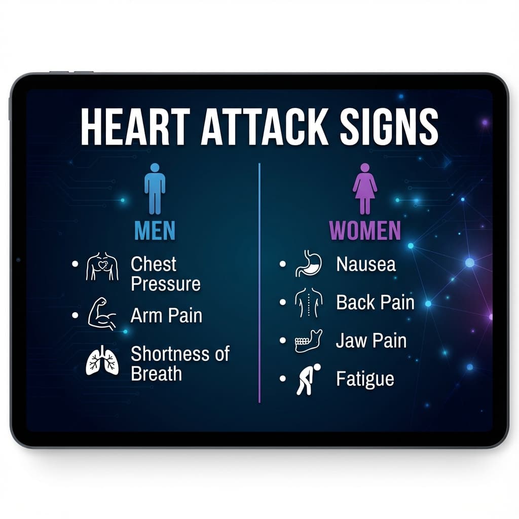Infographic comparing heart attack symptoms in men vs women